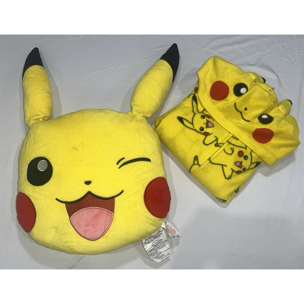 Pokemon Pikachu Jumpsuit Kids 6/7 Yellow Fleece Hooded Sleeper & 16" Plush Toy